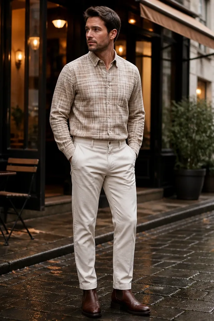 Beige plaid flannel with cream chinos and brown Chelsea boots