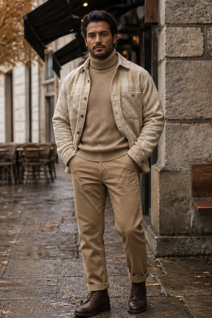 Tan turtleneck under a beige flannel overshirt with camel straight jeans