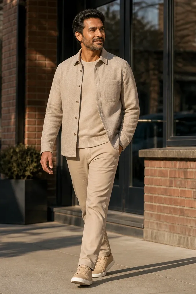 Oatmeal flannel overshirt with beige chinos and light tan sneakers