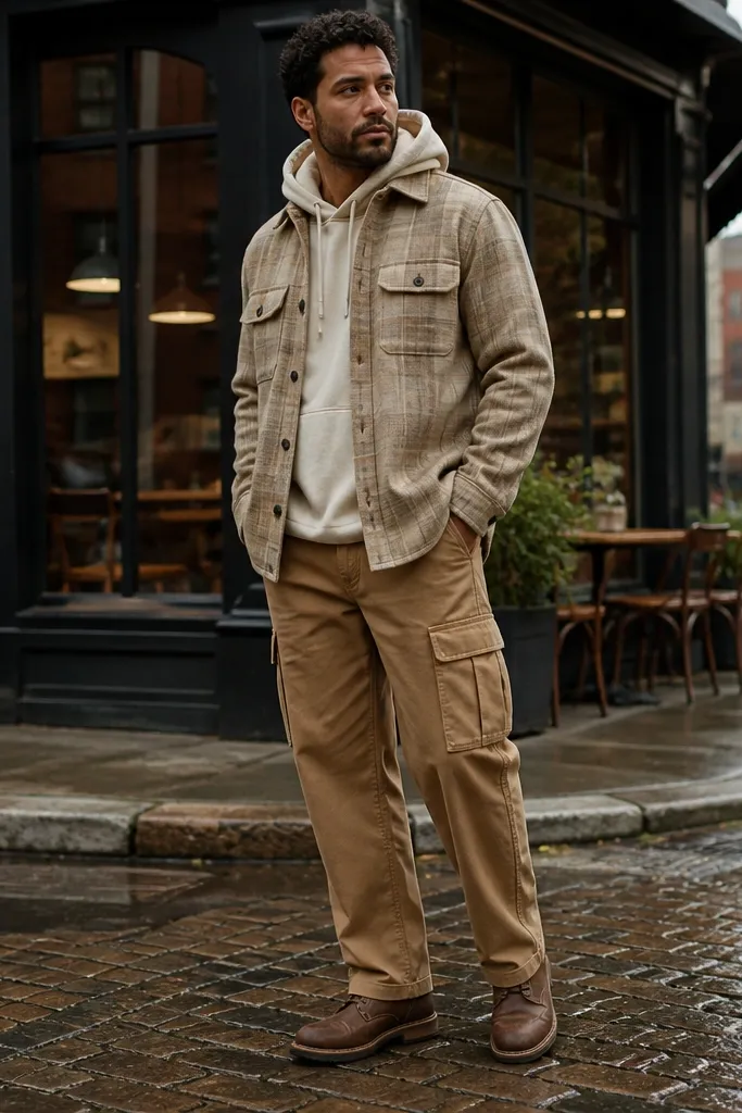 Beige flannel shirt-jacket over a cream hoodie with tan cargo pants