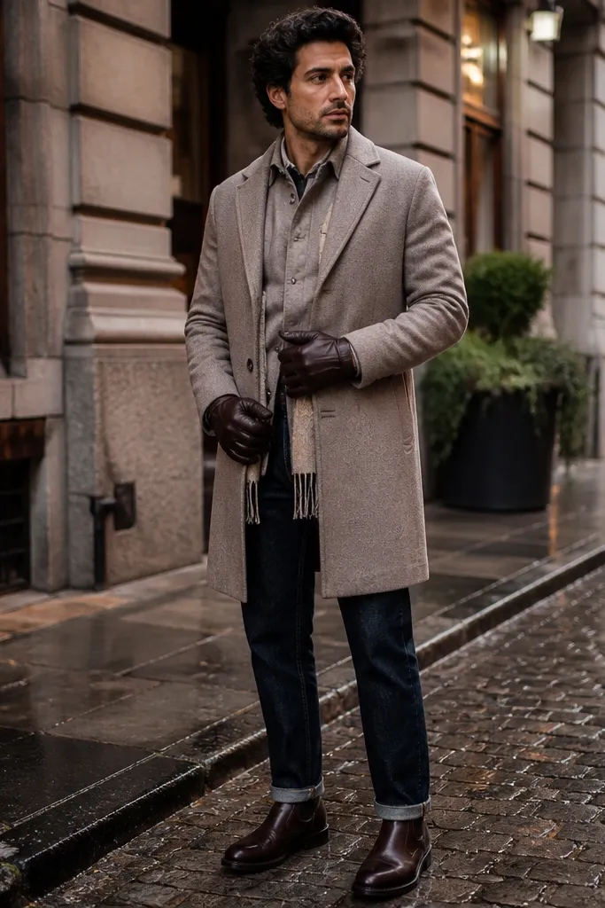 Greige flannel shirt under a beige overcoat with brown gloves