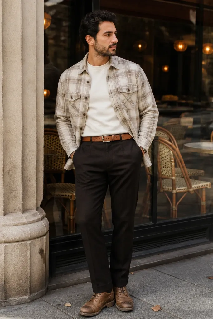 Beige flannel shirt with black-brown trousers and tan belt with brown boots