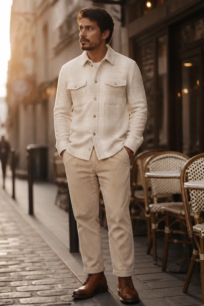 Cream flannel shirt with oatmeal corduroy pants and brown lace-up shoes