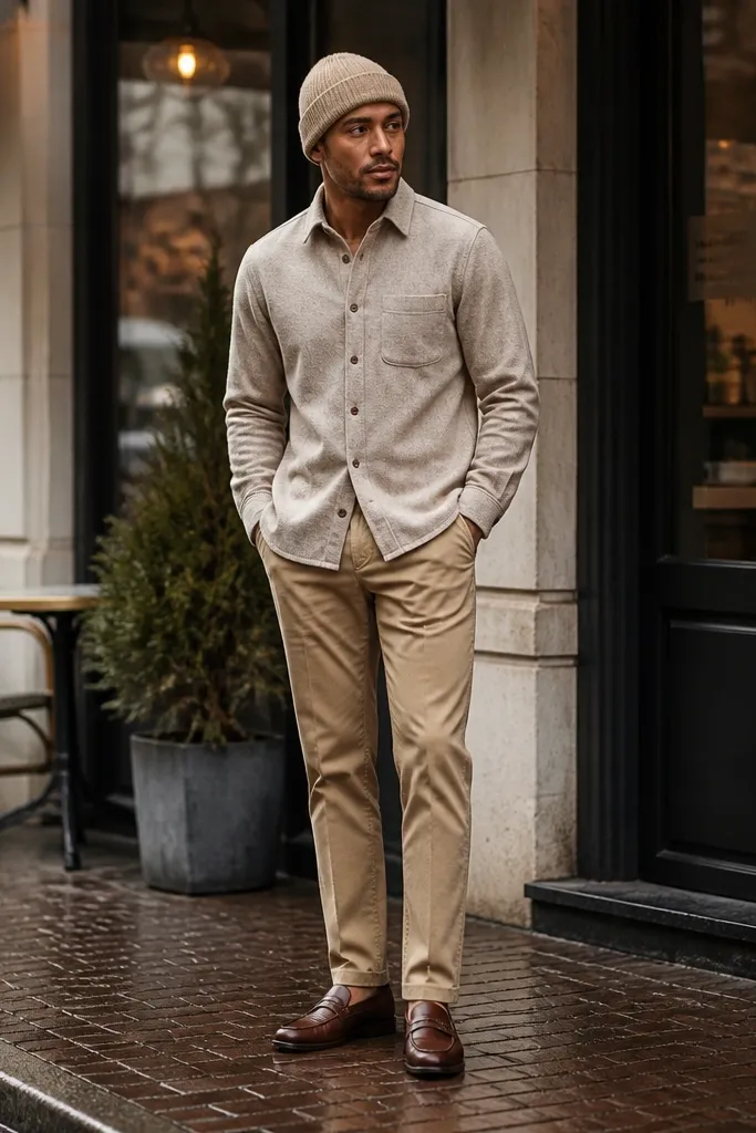Beige flannel shirt with tan chinos, sand knit beanie, and brown loafers