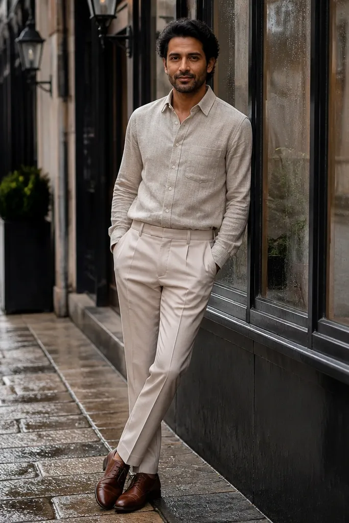 Oatmeal flannel shirt with beige suit trousers and brown oxford shoes