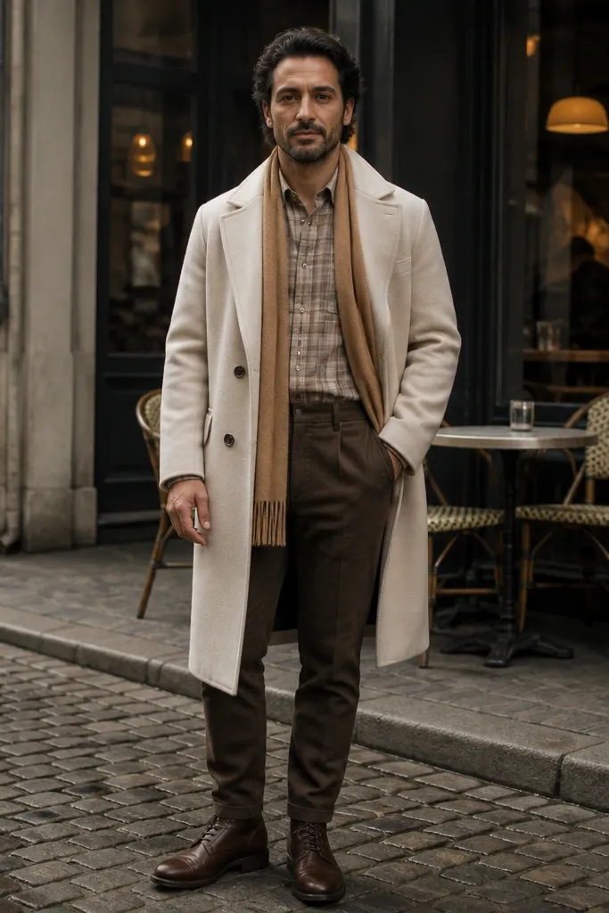 Beige flannel shirt with a cream longline coat and tan scarf and brown boots