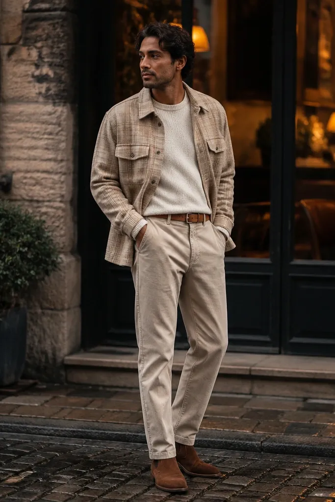 Beige flannel shirt with sand trousers and brown suede boots