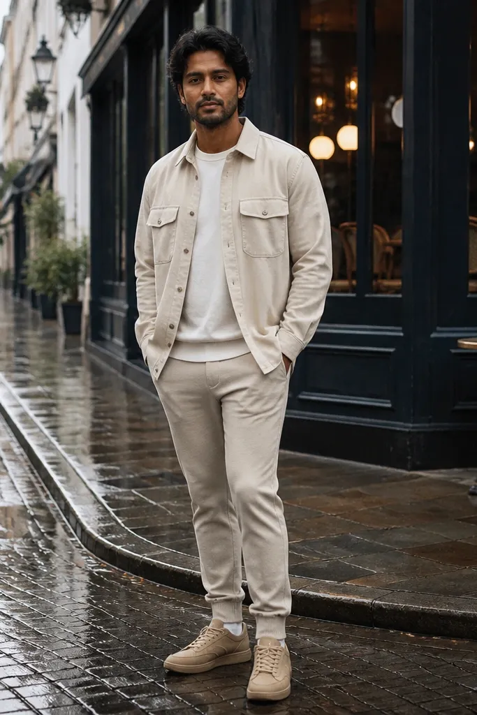 Oatmeal flannel shirt with tailored beige sweatpants and tan trainers
