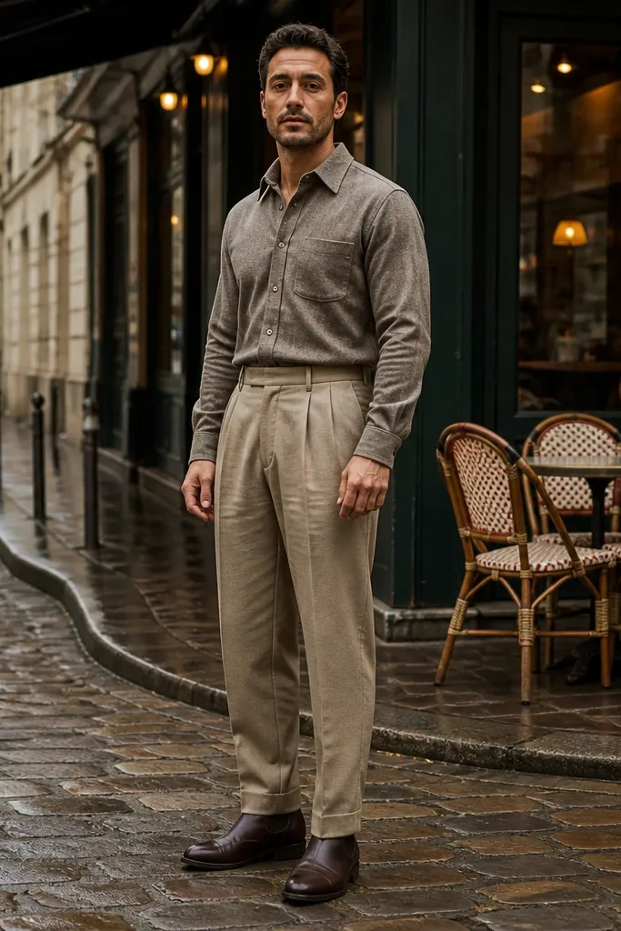 Greige flannel shirt with beige pleated trousers and dark brown leather boots