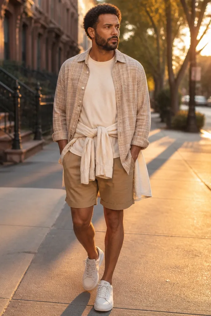 Beige flannel shirt with tan shorts and cream overshirt layer