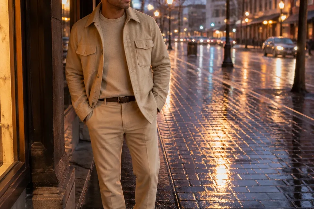 Beige flannel outfits for men monochrome