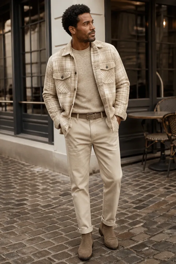 Beige flannel outfits for men monochrome