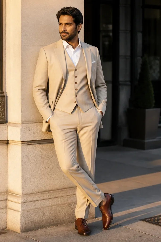 Sand beige three-piece suit with white shirt and brown leather derbies