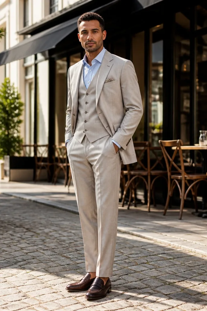 Stone beige three-piece suit with light blue shirt and dark brown loafers