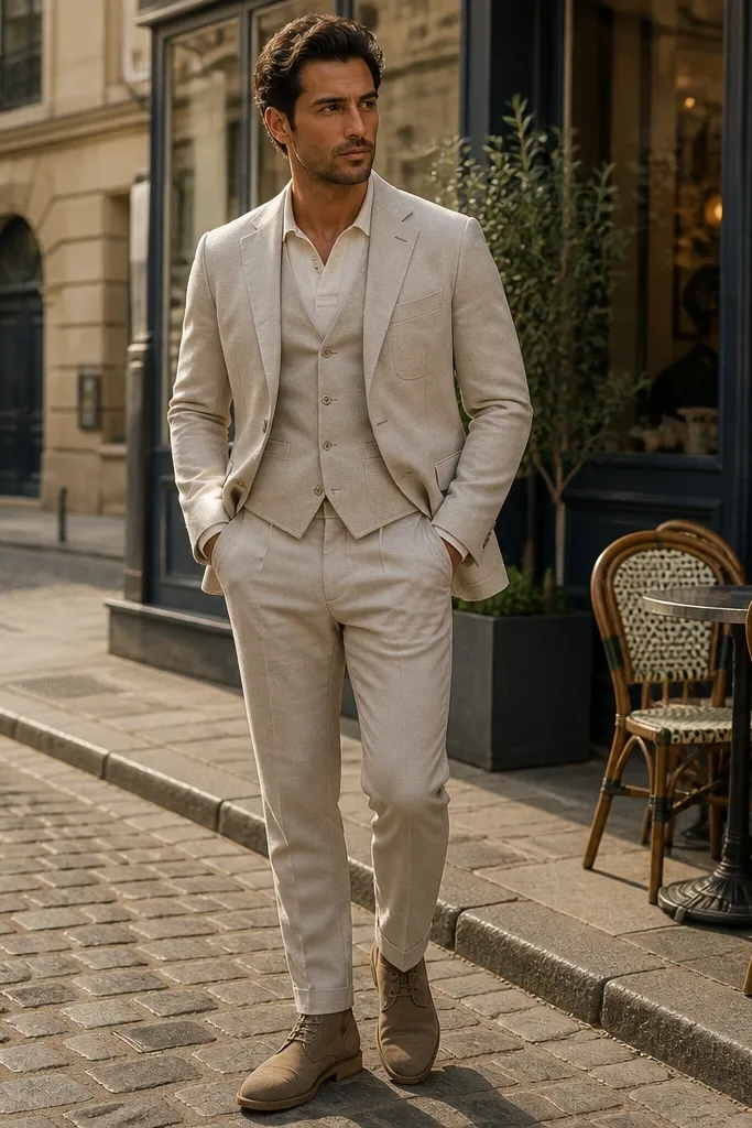 Oat beige suit with cream knit polo and suede chukka boots