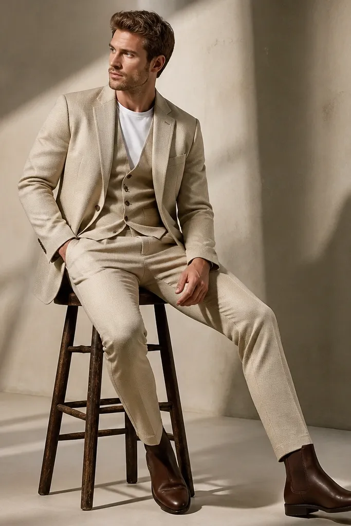 Beige hopsack three-piece suit with white tee under vest and brown Chelsea boots