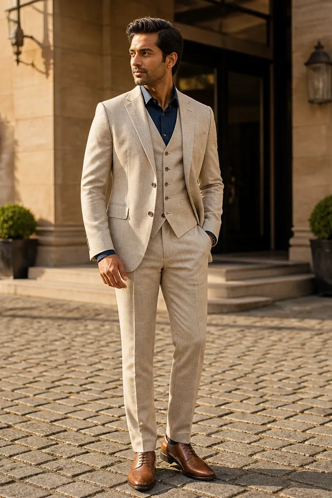 Light beige three-piece suit with navy shirt and tan leather oxford shoes