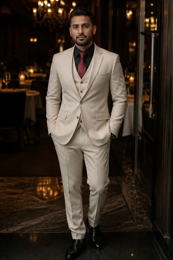 Creamy beige three-piece suit with black shirt and burgundy tie