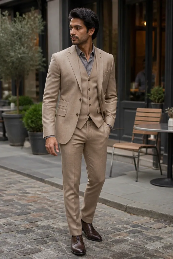 Dune beige three-piece suit with grey flannel shirt and brown brogues