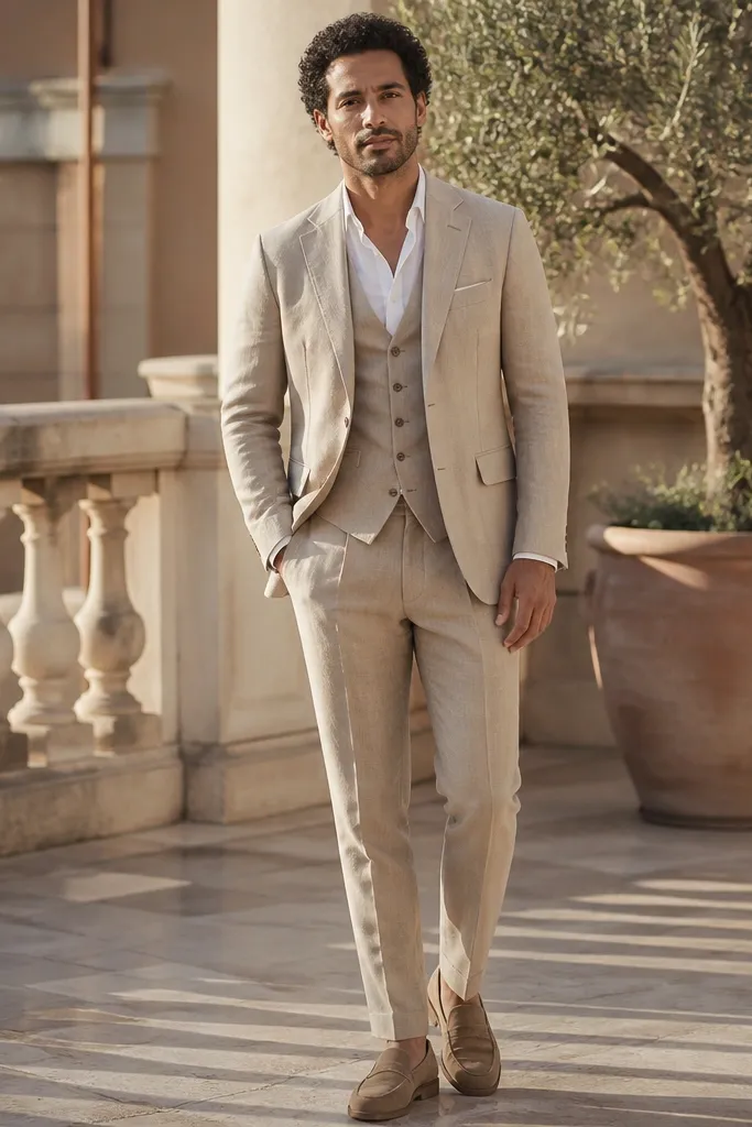 Beige linen three-piece suit with white linen shirt and no tie