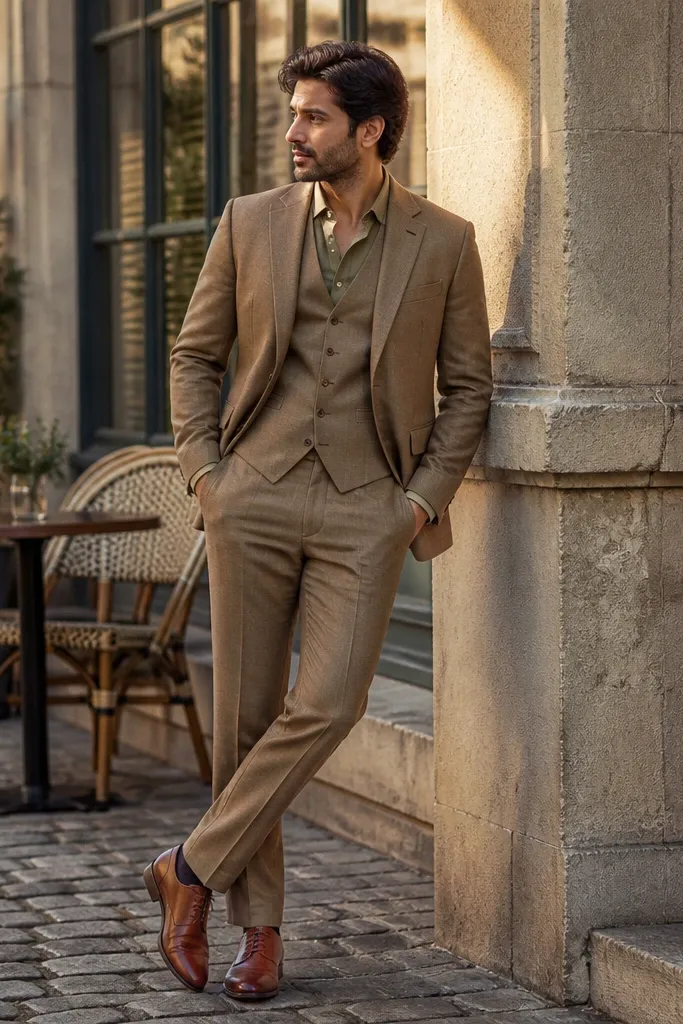 Mocha beige three-piece suit with olive shirt and cognac leather shoes