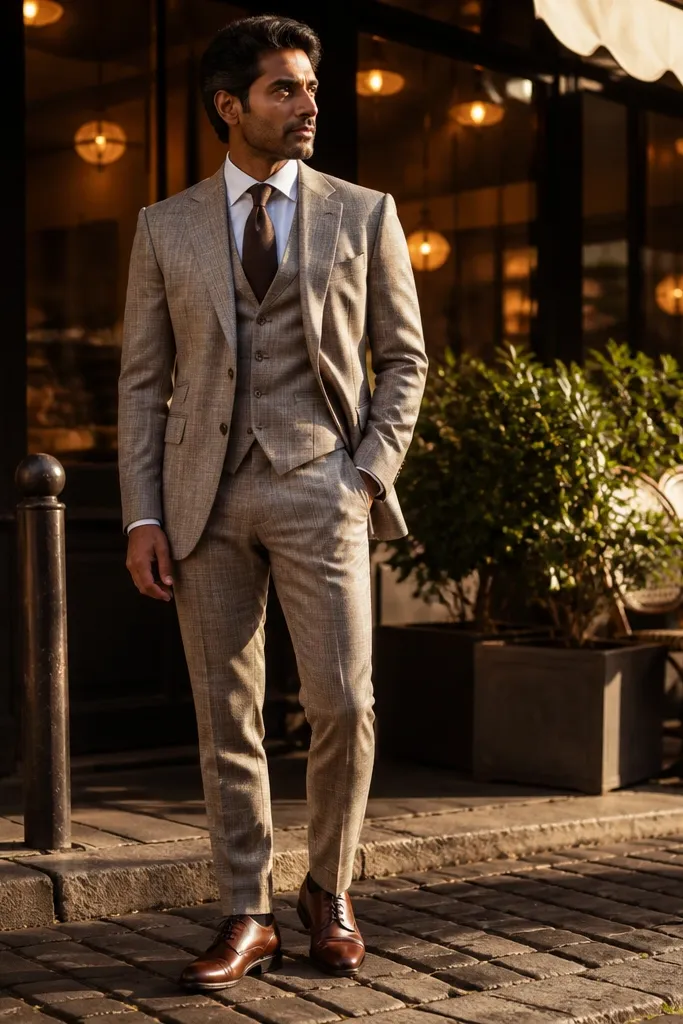 Beige glen check three-piece suit with white shirt and brown tie