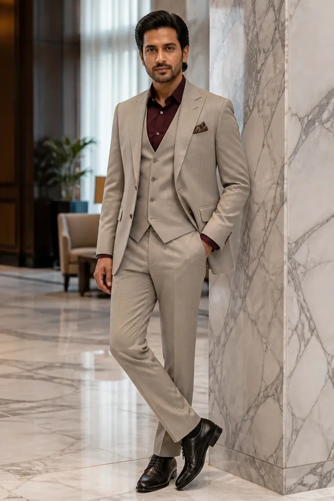 Stone beige three-piece suit with burgundy shirt and black oxford shoes