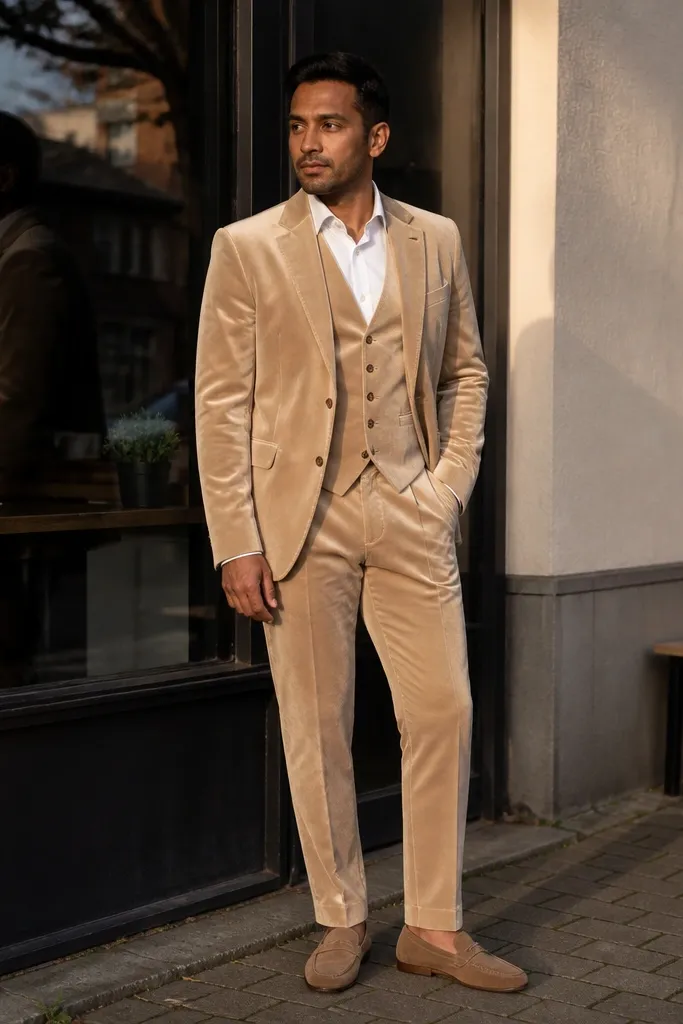 Beige velvet-texture three-piece suit with white shirt and tan loafers