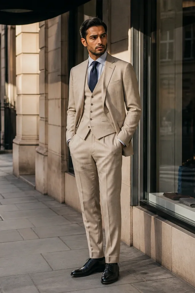 Beige three-piece suit with light grey shirt and navy knit tie