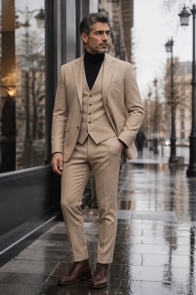 Beige three-piece suit with black turtleneck and brown leather boots