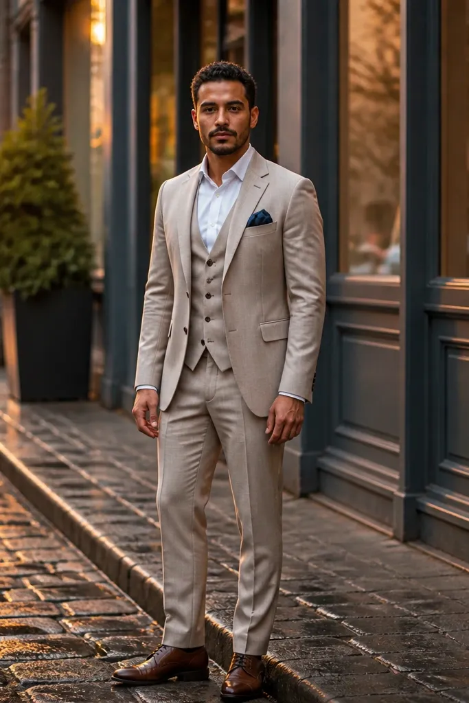 Beige three-piece suit with white shirt, navy pocket square, and brown dress shoes