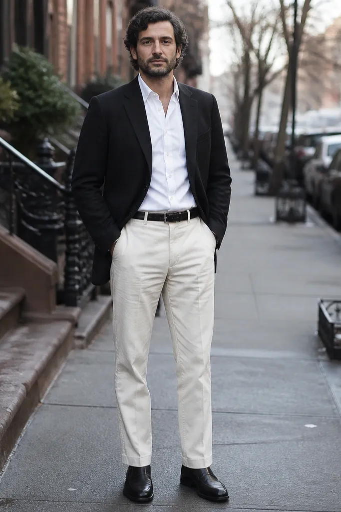 Matte black blazer over a white shirt with off-white cotton twill pants and black leather shoes
