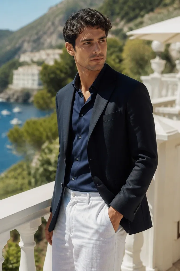 Black blazer with navy shirt and white linen-cotton trousers, plus brown leather loafers