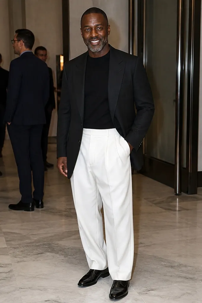 Black blazer over a black crewneck with bright white pleated trousers and black Chelsea boots