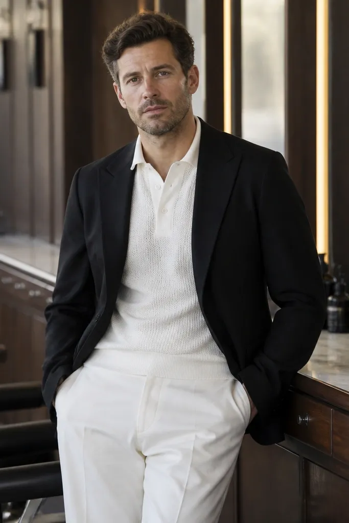 Black blazer over a white knit polo with white chinos and white sneakers
