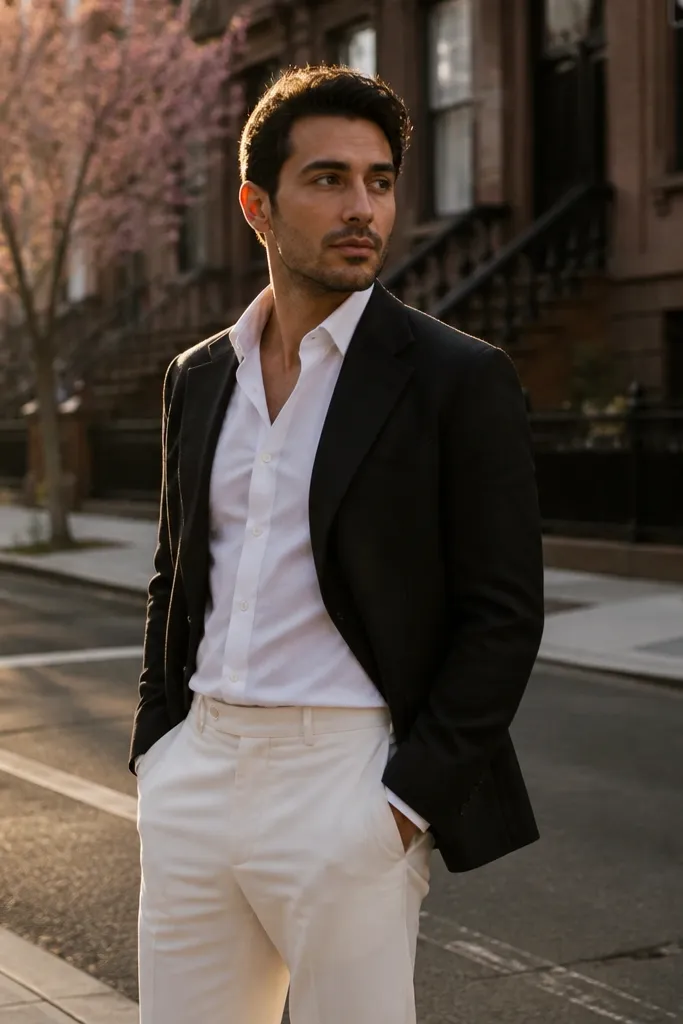 Black blazer with open-collar white dress shirt and white trousers, plus dark brown boots