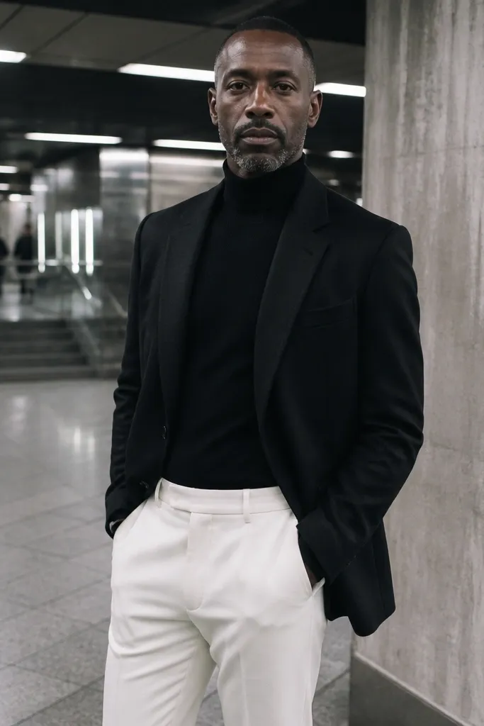 Black blazer over a black turtleneck with white trousers and black leather boots