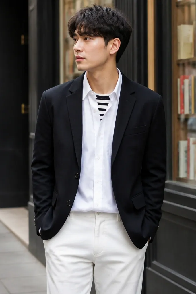 Black blazer with white shirt showing a striped tee at the collar line and white trousers