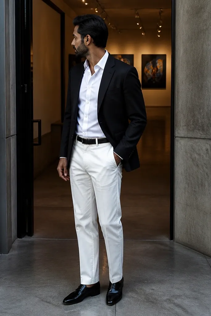 Black blazer over a white poplin shirt with white trousers and a slim black belt