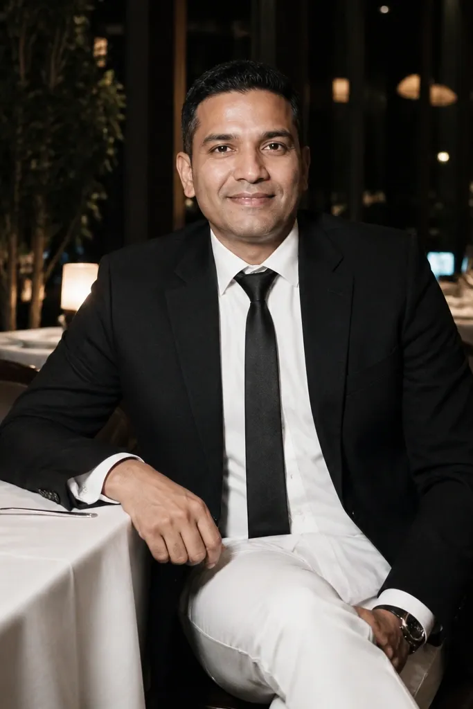 Black blazer with white shirt and plain black tie, paired with white trousers and black shoes