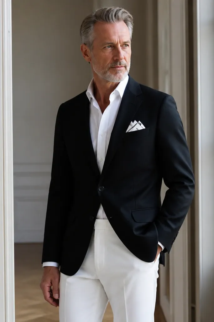 Black blazer with white shirt and a black-edged pocket square, plus white trousers