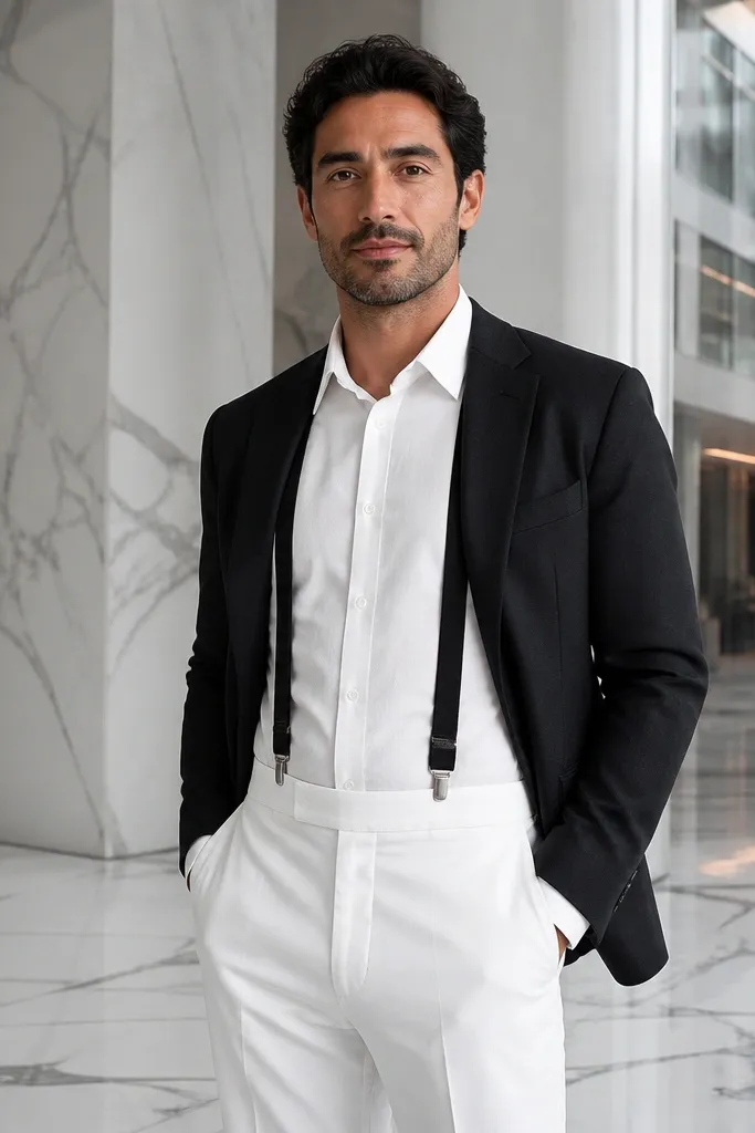Black blazer with white shirt and thin black suspenders over white trousers