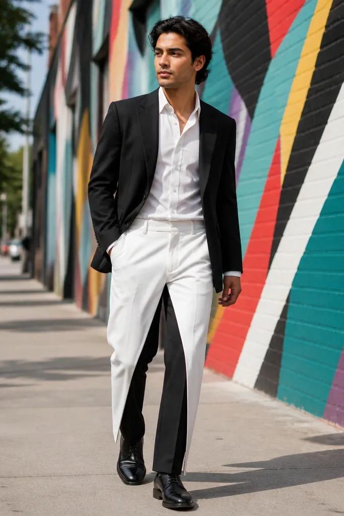 Black blazer over a white shirt with white trousers and black leather shoes, beltless waist