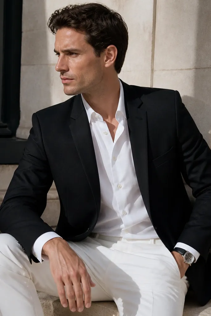 Black blazer with white shirt and white trousers, accessorized with a black leather watch strap