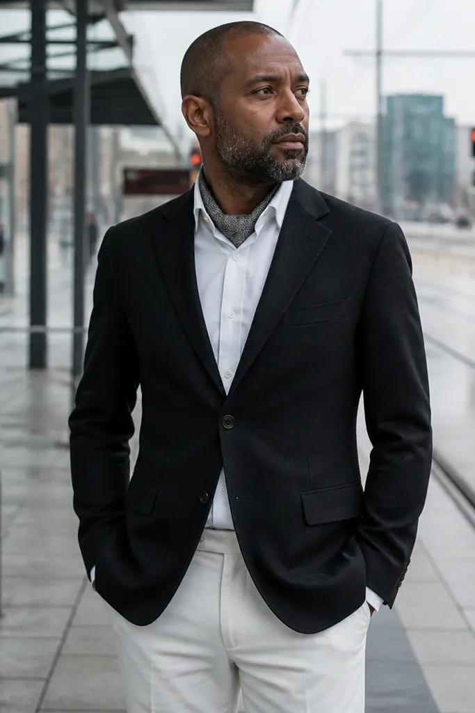 Black blazer with white shirt and a small patterned scarf tucked at the collar, white trousers