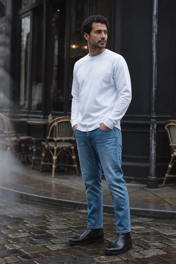 A man standing outdoors in a simple outfit: black Chelsea boots, medium-wash straight-leg jeans with a clean break, and a white crewneck sweatshirt. The frame shows the ankle line and the boots' smooth leather finish.