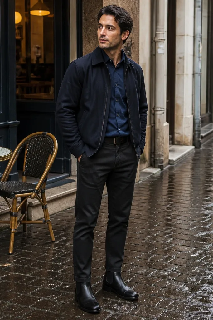 A full-body shot showing black Chelsea boots, dark charcoal chinos with a neat hem, and a navy oxford button-down worn untucked. The lighting highlights the oxford's small texture and the boots' sleek profile.