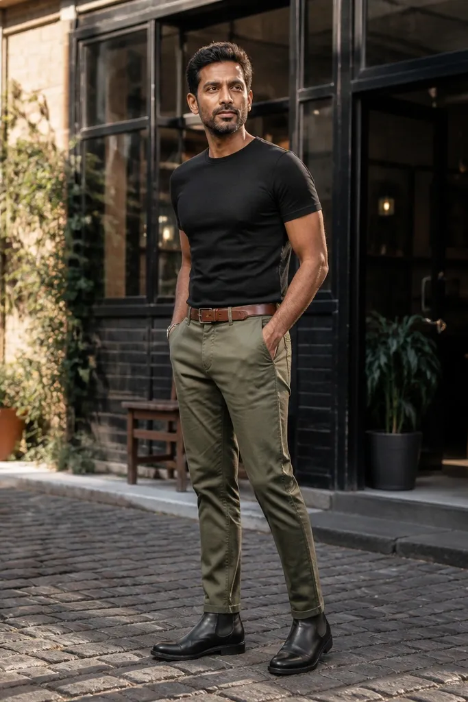A street-style outfit: black Chelsea boots, olive chinos, a black crew t-shirt, and a tan leather belt visible at the waist. The image focuses on the contrast between olive and black.