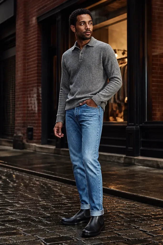 A seated photo showing black Chelsea boots, light blue selvedge jeans with visible stitching at the hem, and a grey knit polo. The boots' side elastic panel is clearly visible.