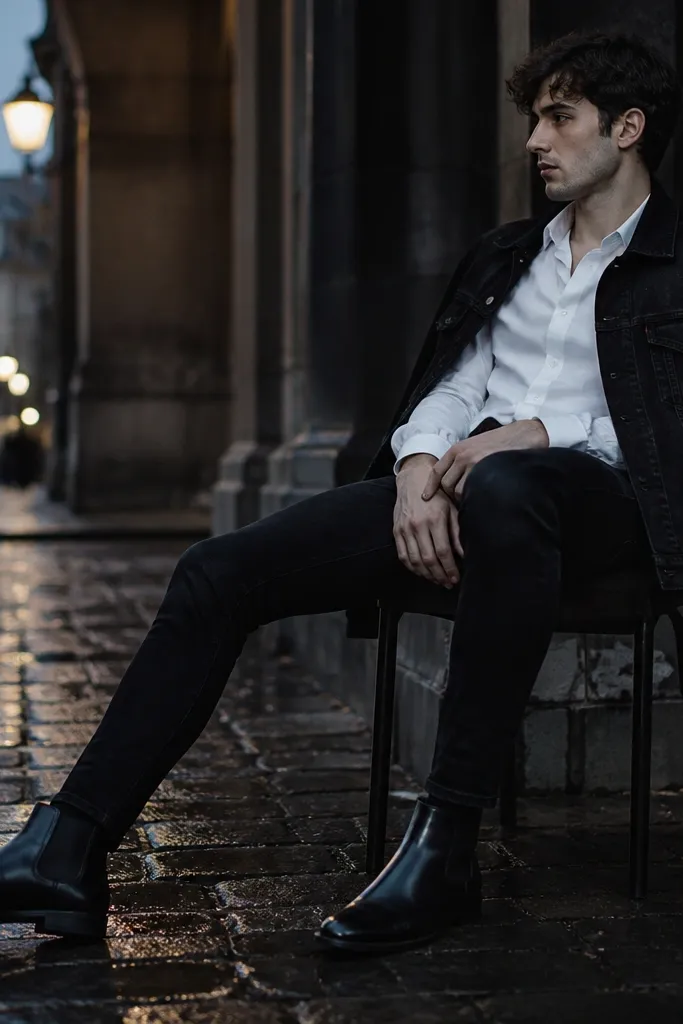 A monochrome outfit: black Chelsea boots, black jeans, a black denim jacket, and a white button-up shirt worn partially open. The image shows the layered textures - denim grain against smooth boot leather.